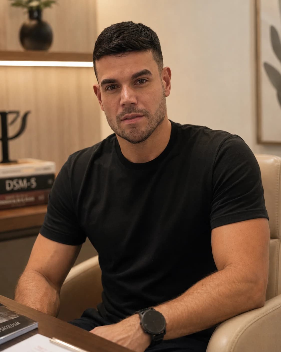 Jonnathan Focht, psicólogo, sentado em seu ambiente de trabalho